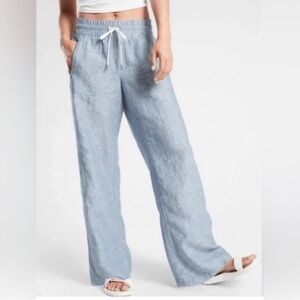Athleta Cabo Chambray Blue Wide-Leg Drawstring Linen Pants NWOT